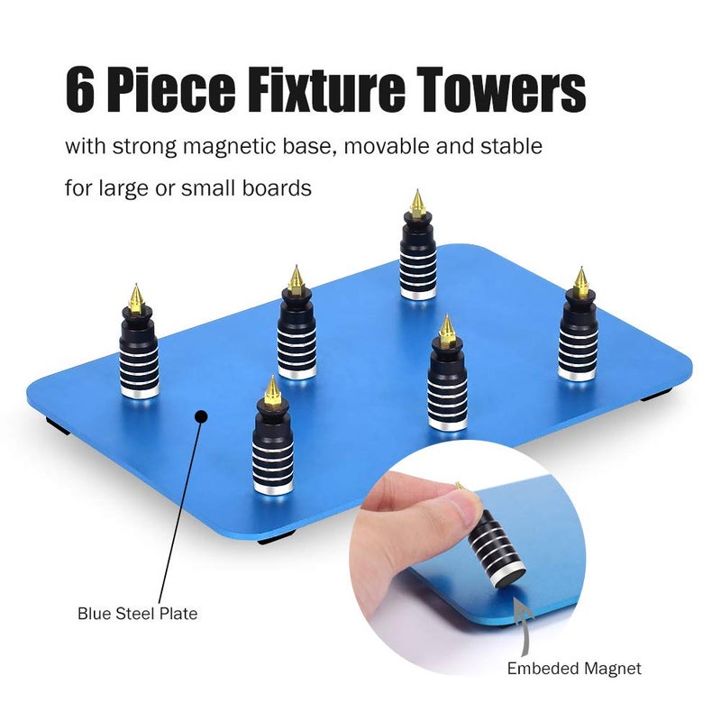 Toolour Soldering Helping Hands 6Pcs PCB Circuit Board Holder ESD Safe,Metal Magnetic Fixture Tower on the Blue Steel Base for Electronic Boards Repairing Soldering Desoldering Rework - Image 2